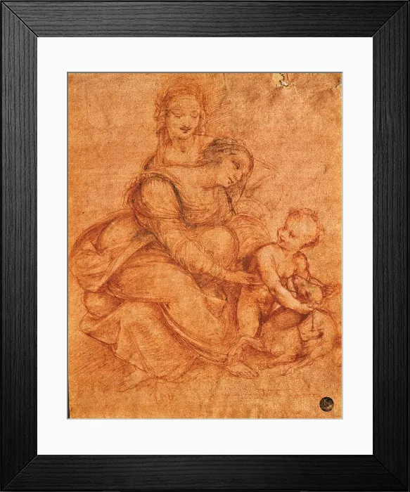 Framed Print : Madonna and Child with St Anne, by Cesare da Sesto, 16th Century, 1500 -1510 about, sanguine on red prepared paper, cm 28 x 22, 2 - Italy, Veneto, Venice, Accademia Art Galleries