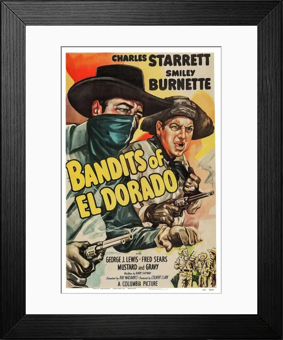 Framed Print : BANDITS OF EL DORADO, US poster art, from left: Charles Starrett, Smiley Burnett, 1949 Framed Print : BANDITS OF EL DORADO, US poster art, from left: Charles Starrett, Smiley Burnett, 1949