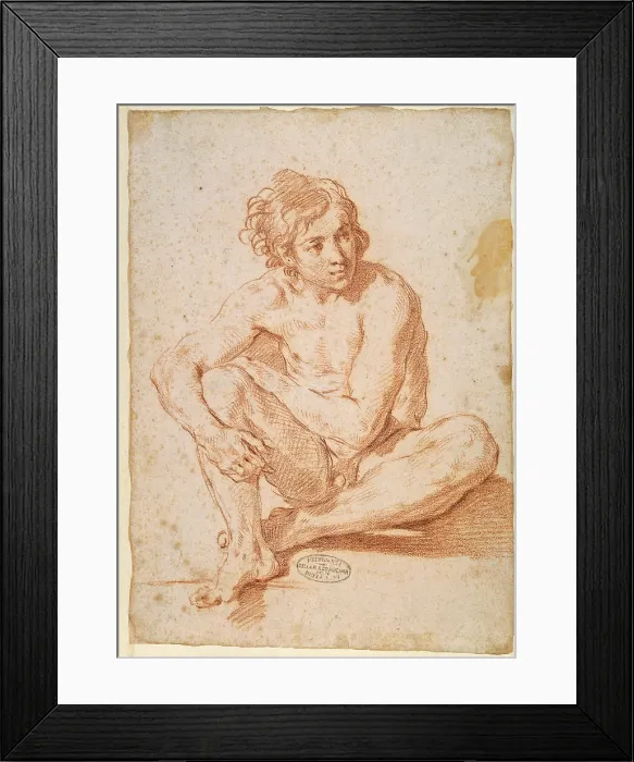 Framed Print : Seated Male Nude, by Cantarini Simone known as il Pesarese, 17th Century, 1646, red pencil, white paper, mm 345 x 246 - Italy, Veneto, Venice, Accademia Art Galleries