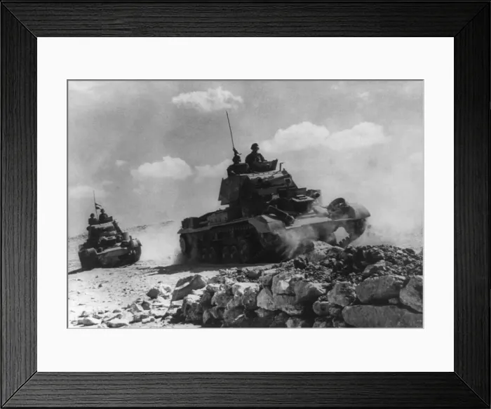 Framed Print : British soldiers patrolling in tanks at Tobruk, Libya, during World War 2. Ca. 1941-42. (BSLOC_2014_10_2)