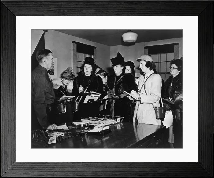 Framed Print : Women journalists taking notes in meeting with Brigadier General John Dahlquist, at Ft. Meade. Job opportunities opened to women in many fields during World War 2. 1942 Framed Print : Women journalists taking notes in meeting with Brigadier General John Dahlquist, at Ft. Meade. Job opportunities opened to women in many fields during World War 2. 1942