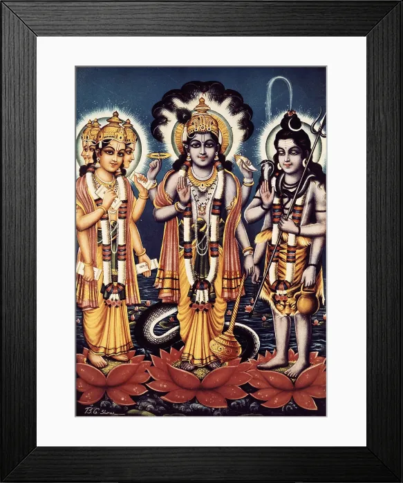 Framed Print : Trimurti ('three forms' in Sanskrit) of Brahma, Vishnu and Shiva. Triad of the three major gods of Hindu mythology. 20th. c. Illustration by B. G. Sharma Framed Print : Trimurti ('three forms' in Sanskrit) of Brahma, Vishnu and Shiva. Triad of the three major gods of Hindu mythology. 20th. c. Illustration by B. G. Sharma