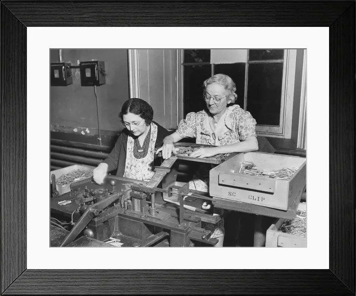 Framed Print : Mothers of the assembly line perform clip spring and bolt assembly at the Frankford Arsenal. Philadelphia, Ca. 1940-45. World War 2. (BSLOC_2014_10_214) Framed Print : Mothers of the assembly line perform clip spring and bolt assembly at the Frankford Arsenal. Philadelphia, Ca. 1940-45. World War 2. (BSLOC_2014_10_214)