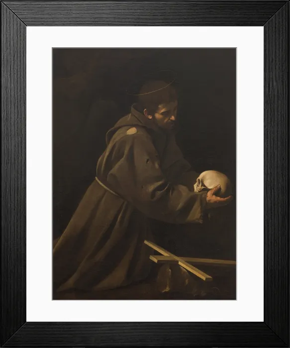 Framed Print : St Francis in Meditation, by Michelangelo Merisi known as Caravaggio, 1606 - 1614, 17th Century, oil on canvas, cm 128, 2 x 97, 4 - Italy, Lazio, Rome Framed Print : St Francis in Meditation, by Michelangelo Merisi known as Caravaggio, 1606 - 1614, 17th Century, oil on canvas, cm 128, 2 x 97, 4 - Italy, Lazio, Rome