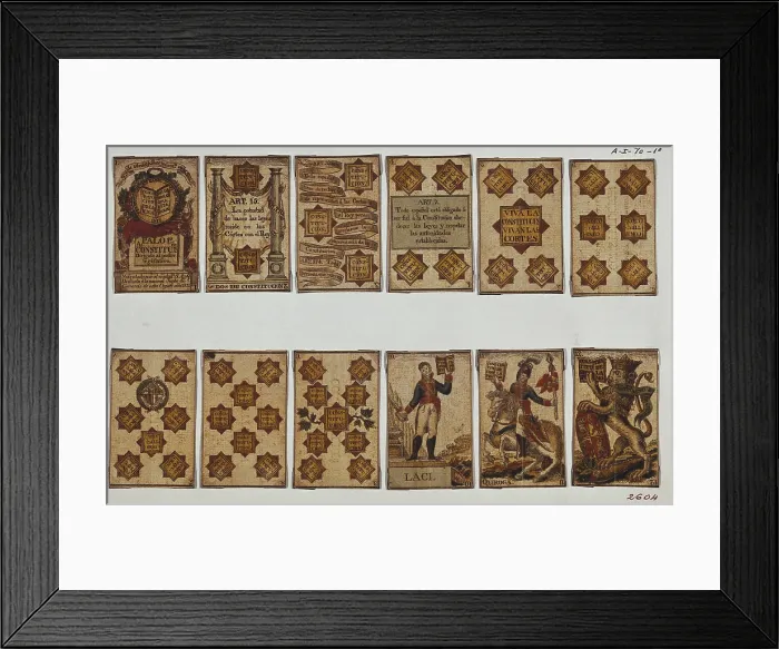 Framed Print : Spanish Civil War of 1820-1823. Pack of cards decorated with liberal and militar drawings: 1812 Constitution articles and portraits of generals Velarde and Riego. SPAIN. Madrid