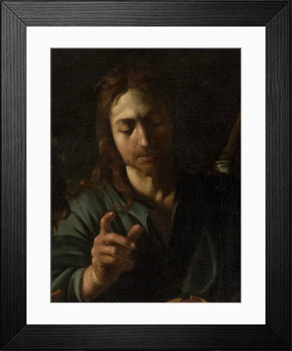 Framed Print : The Supper at Emmaus, by Michelangelo Merisi known as Caravaggio, 1606 about, 17th Century, oil on canvas, cm 141 x 175 - Italy, Lombardy, Milan, Brera Art Gallery. Detail