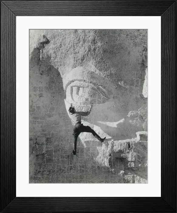Framed Print : Staged photo of worker hanging from Jefferson's eye lid on Mount Rushmore. Ca. 1934. Photo by Charles d'Emery. (BSLOC_2013_8_257) Framed Print : Staged photo of worker hanging from Jefferson's eye lid on Mount Rushmore. Ca. 1934. Photo by Charles d'Emery. (BSLOC_2013_8_257)