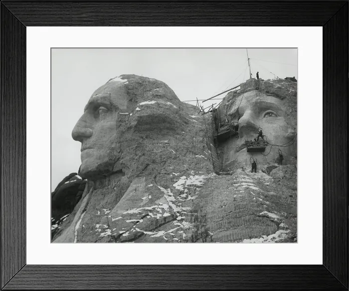 Framed Print : Work continues at Mt. Rushmore in winter, ca. 1935. Heads of Washington and Jefferson are taking shape. Photo by Charles d'Emery. (BSLOC_2013_8_258) Framed Print : Work continues at Mt. Rushmore in winter, ca. 1935. Heads of Washington and Jefferson are taking shape. Photo by Charles d'Emery. (BSLOC_2013_8_258)