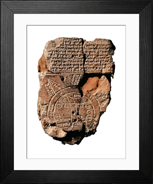 Framed Print : Map of the World. ca. 700 BC - 500 BC. Tablet with world map of the Mesopotamian world, with Babylon in the middle. Babylonian art. UNITED KINGDOM. London. The British Museum