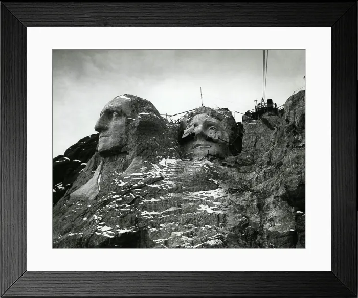 Framed Print : Mount Rushmore sculptures of Washington and Jefferson with finished faces ca. 1935. Their hair is still in rough form. Photo by Charles d'Emery. (BSLOC_2013_8_259)