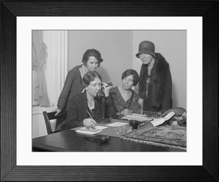 Framed Print : National Woman's Party telephoned the 1930 World Conference in the Hague. April 3, 1930. L-R: Anna Kelton Wiley; Alice Paul; and Elsie Hill Framed Print : National Woman's Party telephoned the 1930 World Conference in the Hague. April 3, 1930. L-R: Anna Kelton Wiley; Alice Paul; and Elsie Hill