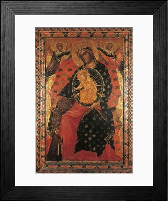 Framed Print : Madonna and Child with two Votaries, by Paolo Veneziano, 1325 - 1330 about, 14th Century, panel gold ground, cm 142 x 90 - Italy, Veneto, Venice, Accademia Art Galleries. All