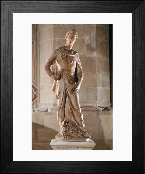 Framed Print : David, by Donato di Niccol di Betto Bardi known as Donatello, 15th Century, 1408, marble, full relief, cm 191 x 57, 5 x 32 - Italy, Tuscany, Florence, Bargello National Museum Framed Print : David, by Donato di Niccol di Betto Bardi known as Donatello, 15th Century, 1408, marble, full relief, cm 191 x 57, 5 x 32 - Italy, Tuscany, Florence, Bargello National Museum