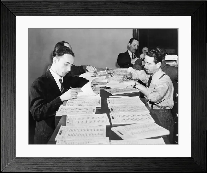Framed Print : Workers checking names and numbers at New York Selective Service headquarters