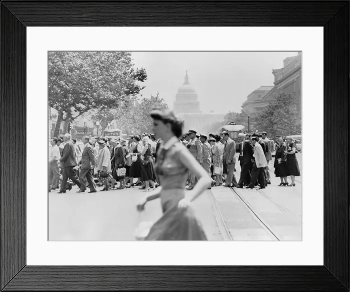 Framed Print : Civilians crossing Pennsylvania Avenue near the Capitol during a civil defense drill. Ca. 1941-45. World War 2. (BSLOC_2014_10_244)