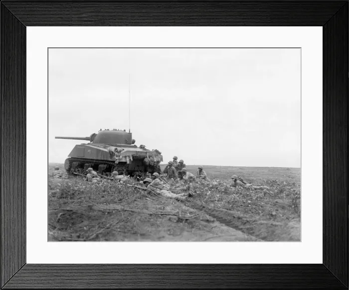 Framed Print : African American soldiers prepare to advance with a tank along Empress Augusta Bay, Bougainville. In 1944, facing a shortage of fighting infantry, U.S Framed Print : African American soldiers prepare to advance with a tank along Empress Augusta Bay, Bougainville. In 1944, facing a shortage of fighting infantry, U.S