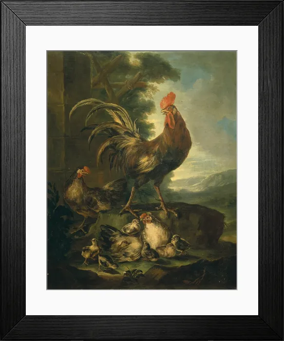 Framed Print : Farm animals: a cock, two chickens and seven chicks (Animali da cortile: gallo, due galline e sette pulcini), by Angiolo Maria Crivelli also known as Crivellone, 1700 - 1730