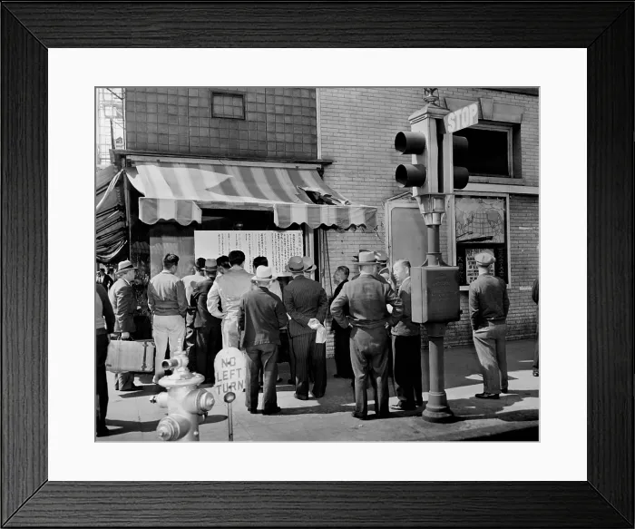 Framed Print : Residents of Little Tokyo in Los Angeles reading notices instructing them to evacuate. April 1942. World War 2. (BSLOC_2014_10_248)