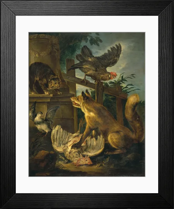 Framed Print : Fox and Cat between Birds (Volpe e gatto tra i volatili), by Angiolo Maria Crivelli also known as Crivellone, 1730, 18th Century, oil on canvas - Italy, Lombardy, Milan