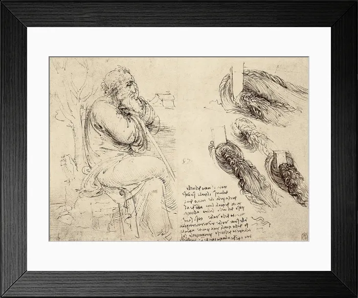 Framed Print : Codex Leicester, or Codex Hammer (1508-1510). Drawing of an old man sitting on a rock and some sketches on water movement. Renaissance art. Drawing. - J Framed Print : Codex Leicester, or Codex Hammer (1508-1510). Drawing of an old man sitting on a rock and some sketches on water movement. Renaissance art. Drawing. - J