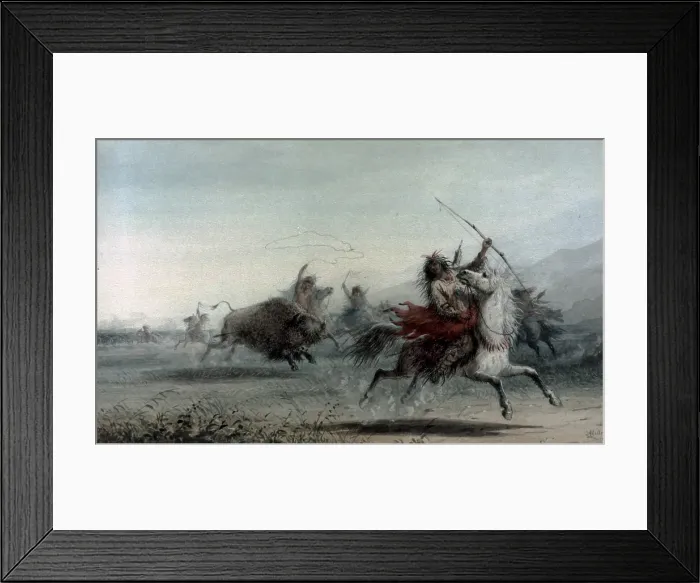 Framed Print : Bison Hunt, by Alfred Jacob Miller, 1858, 19th Century, watercolour on paper, 24, 1 x 38, 5 cm - USA, Baltimore, The Walters Art Gallery. Whole artwork view