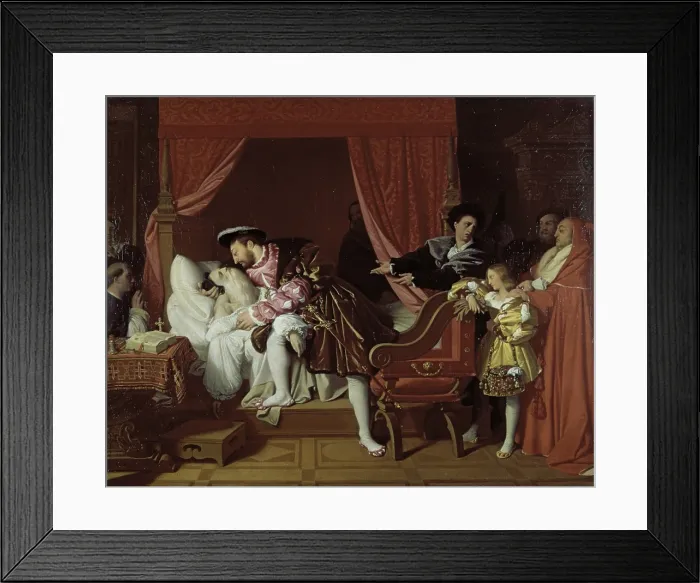 Framed Print : Francesco collects the last breath of Leonardo da Vinci (Franois Ier reoit les derniers soupirs de Lonard de Vinci), by Jean Auguste Dominique Ingres, 1818, 19th Century