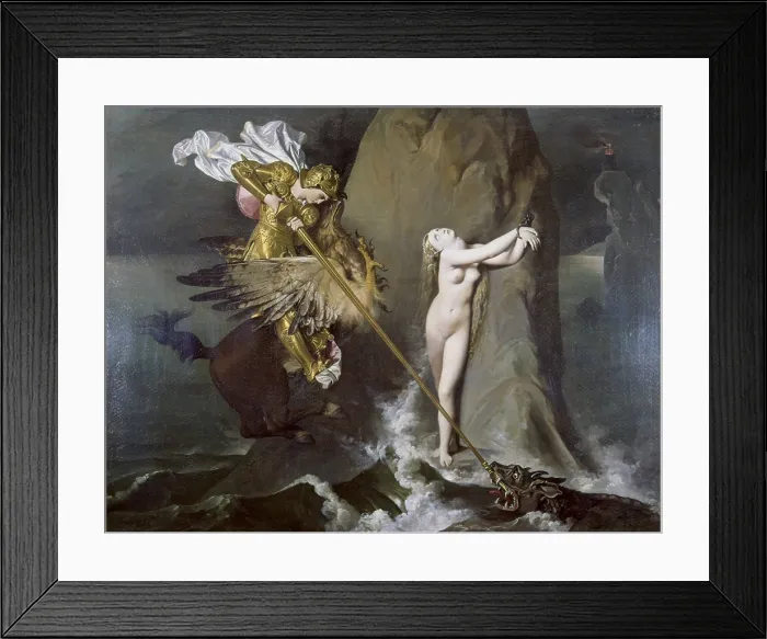 Framed Print : Ruggiero frees Angelica (Roger dlivrant Anglique), by Jean Auguste Dominique Ingres, 1819, 19th Century, oil on canvas, 147 x 199 cm - France, Paris, Louvre. Whole artwork view Framed Print : Ruggiero frees Angelica (Roger dlivrant Anglique), by Jean Auguste Dominique Ingres, 1819, 19th Century, oil on canvas, 147 x 199 cm - France, Paris, Louvre. Whole artwork view