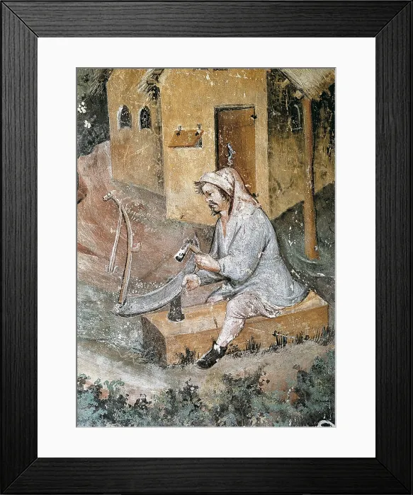 Framed Print : ITALY. Trento. Castle Buonconsiglio. Eagle's Tower. Cycle of the Months. Detail of a farmer sharpening the scythe. International gothic. Fresco