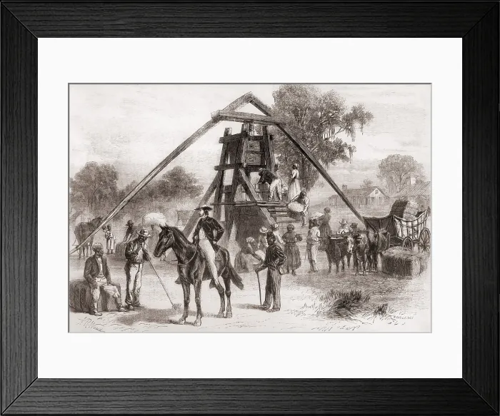 Framed Print : Cotton press in operation in the South after the U.S. Civil War