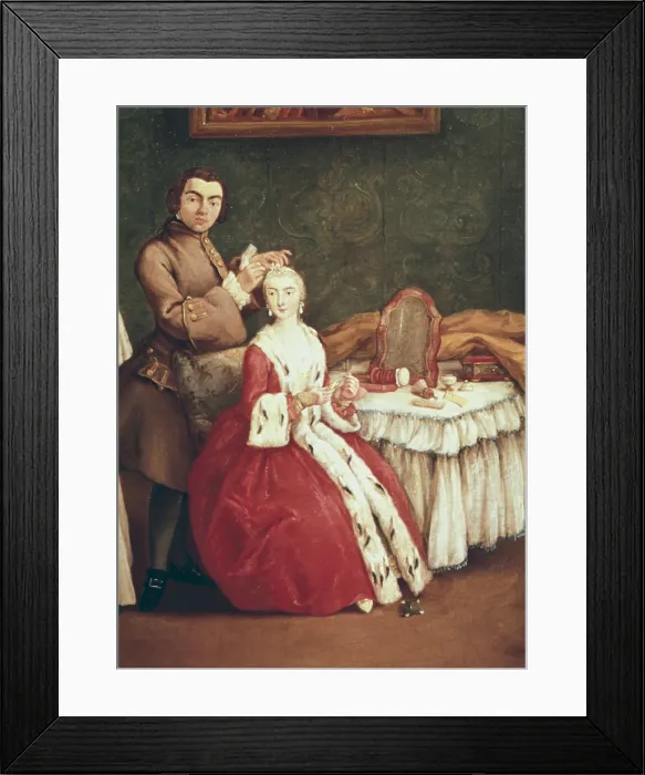 Framed Print : LONGHI, Pietro Falca, called Pietro (1702-1785). The Hairdresser. mid. 18th c. Central detail. Rococo. Oil on canvas. ITALY. Venice. Ca Rezzonico