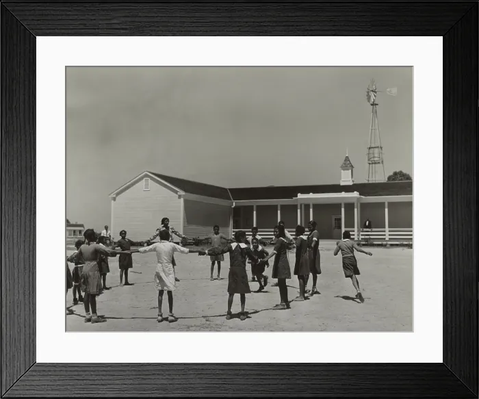 Framed Print : Outdoor exercise class at the new school at Gee's Bend, Alabama, May 1939. They have a new school, built with aid from the New Deal Resettlement Administration Framed Print : Outdoor exercise class at the new school at Gee's Bend, Alabama, May 1939. They have a new school, built with aid from the New Deal Resettlement Administration
