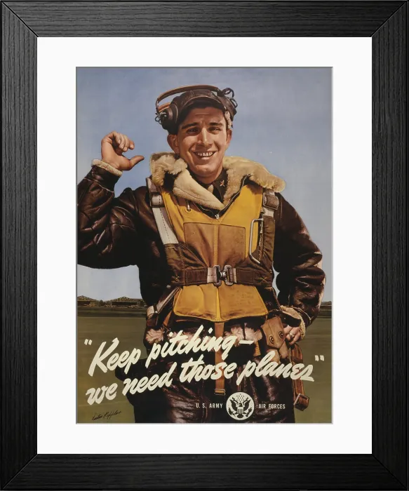 Framed Print : Keep pitching - we need those planes. World War 2 Poster shows American aviator standing on airfield. Ca. 1943. (BSLOC_2014_10_255)