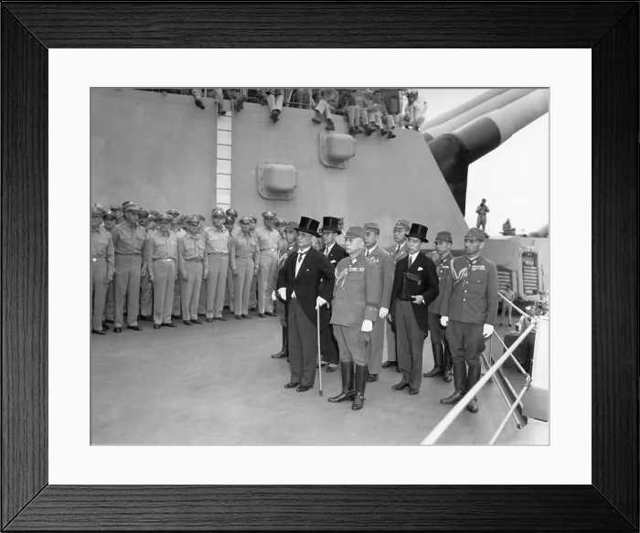 Framed Print : Japanese surrender signatories arrive aboard the USS MISSOURI in Tokyo Bay. Japanese Foreign Minister Mamoru Shigemitsu, in front with top hat, would sign the surrender. Sept Framed Print : Japanese surrender signatories arrive aboard the USS MISSOURI in Tokyo Bay. Japanese Foreign Minister Mamoru Shigemitsu, in front with top hat, would sign the surrender. Sept