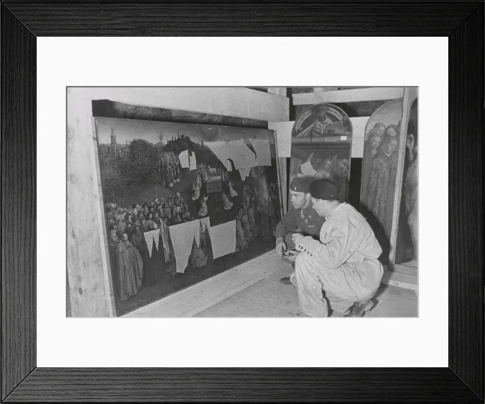Framed Print : Soldiers of U.S. Army MFAA Section examining the Ghent Altarpiece in the Altaussee mine, 1945. Lt. Daniel J Framed Print : Soldiers of U.S. Army MFAA Section examining the Ghent Altarpiece in the Altaussee mine, 1945. Lt. Daniel J