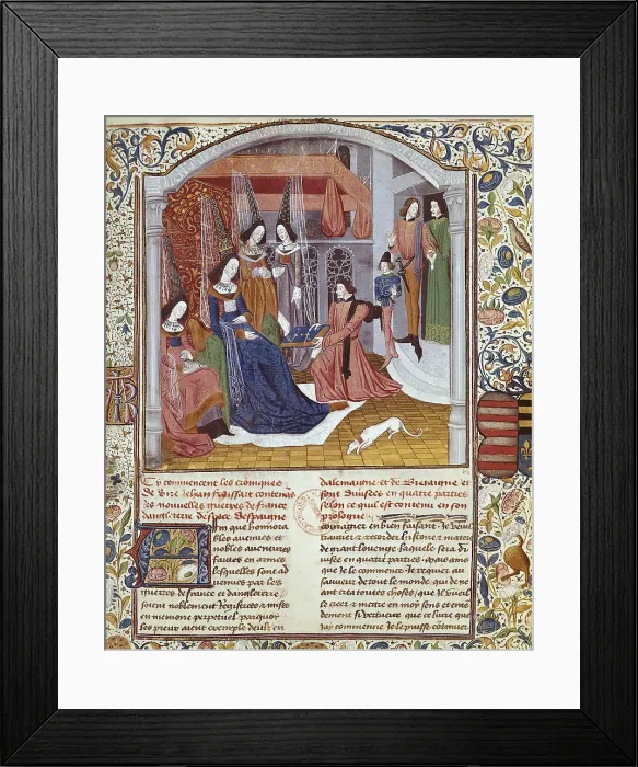 Framed Print : Chronicle by Jean Froissart. The author presenting his work to the Ducchess of Burgundy. Gothic art. Miniature Painting. FRANCE. Chantilly. Musee Conde (Conde Museum)