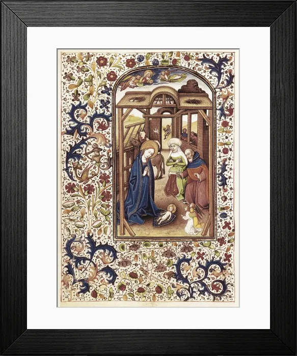 Framed Print : VRELANT, Willem (1410-1481). Book of Hours of Leonor de la Vega. 1465 - 1470. Nativity scene. Flemish art. ; Gothic art. Miniature Painting. SPAIN. Madrid. National Library Framed Print : VRELANT, Willem (1410-1481). Book of Hours of Leonor de la Vega. 1465 - 1470. Nativity scene. Flemish art. ; Gothic art. Miniature Painting. SPAIN. Madrid. National Library