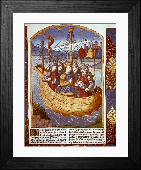 Framed Print : FRANCE. Paris. The king Arthur and his knight boarding towards Holy Land. Book by Antoine Verard, c. 1490. Gothic art. Miniature Painting. - J Framed Print : FRANCE. Paris. The king Arthur and his knight boarding towards Holy Land. Book by Antoine Verard, c. 1490. Gothic art. Miniature Painting. - J