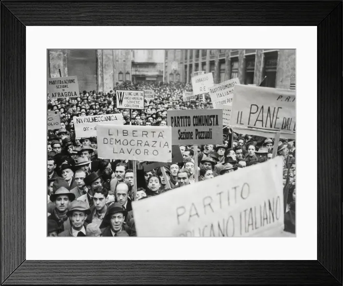 Framed Print : Italian men in Naples waved banners and signs as they demonstrated in Naples