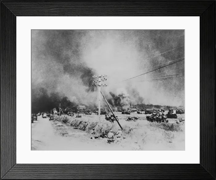 Framed Print : Canadian troops and armed vehicles advance along a road and open field in Falaise, France. The decisive battle of August 6-21, 1944 defeated the Germans in Normandy. World War 2 Framed Print : Canadian troops and armed vehicles advance along a road and open field in Falaise, France. The decisive battle of August 6-21, 1944 defeated the Germans in Normandy. World War 2