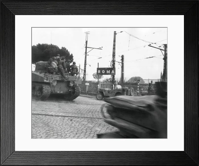 Framed Print : American tanks of the Fifth Army passing big signs for Roma at edge of the city. June 2-4, 1944. U.S