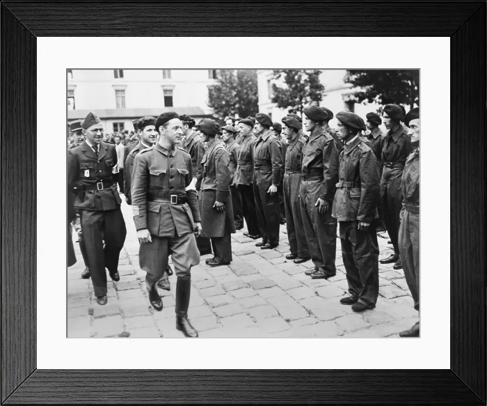 Framed Print : Henri Tanguy, Colonel Rol inspecting French Forces of the Interior (FFI) in Paris. He had been one of the leaders of Communist resistance before liberation in Aug. 1944