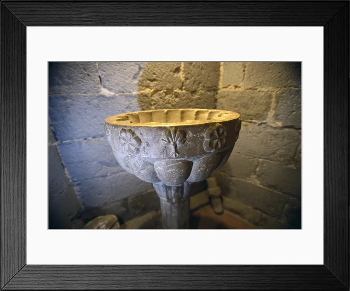 Framed Print : SPAIN. Castello d'Empuries. Basilica of Santa Maria. Church of Saint Mary (gothic-style, 14th c.). Romanesque double baptismal font. Gothic art