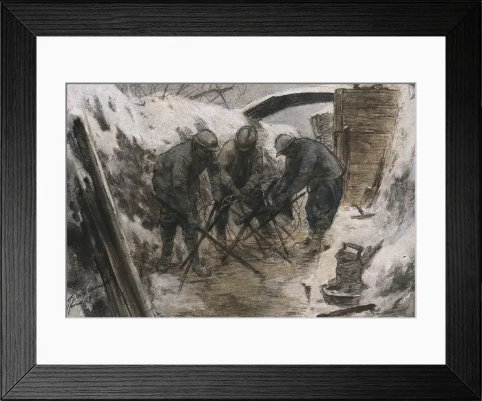 Framed Print : WWI. Western Front. Construction of barbed wire in French trenches. February 1916. Published in 3849 number of 'L'Illustration'. December 1916. Watercolour