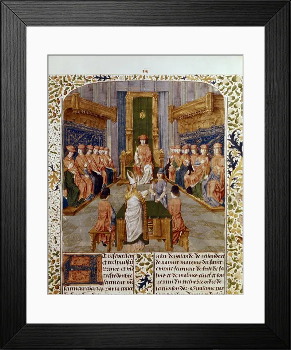 Framed Print : Guillaume Fillastre. Bishop of Tournai and Chancellor of Toison d'Or Order, with secretary, treasurer and royal arms