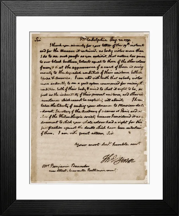 Framed Print : A letter by Thomas Jefferson to Benjamin Banneker (1731-1806) expressing his belief that blacks possess talents equal to those of other races
