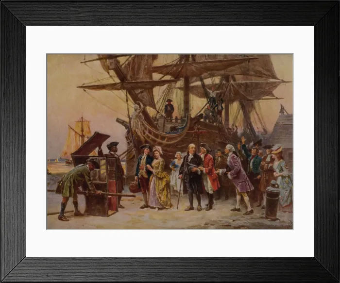 Framed Print : Benjamin Franklin and his family are greeted by Judge Thomas McKean's on their return to Philadelphia in 1785 after nine years abroad as ambassador to France Framed Print : Benjamin Franklin and his family are greeted by Judge Thomas McKean's on their return to Philadelphia in 1785 after nine years abroad as ambassador to France