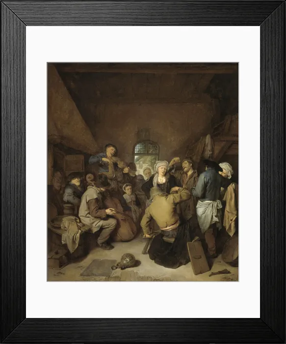 Framed Print : Peasants Making Music and Dancing, by Cornelis Bega, 1650-64, Dutch painting, oil on canvas. Peasants singing and dancing to the music of a violin and cello in a country inn