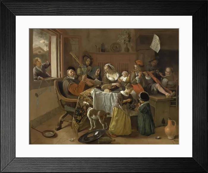 Framed Print : The Merry Family, by Jan Steen, 1668, Dutch painting, oil on canvas. The father sings while raising a glass and the mother and grandmother join Framed Print : The Merry Family, by Jan Steen, 1668, Dutch painting, oil on canvas. The father sings while raising a glass and the mother and grandmother join