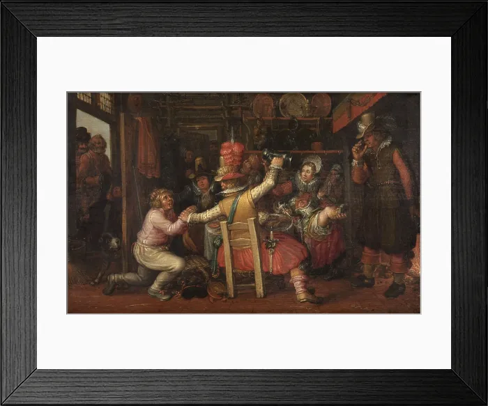 Framed Print : The Peasant's Sorrow, by workshop of David Vinckboons, after 1619, Dutch painting, oil on panel. Richly dressed townsfolk impose on a farmer for food and drink