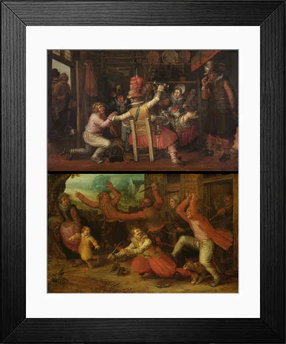 Framed Print : Pair of humorous paintings, The Peasant's Sorrow, and The Peasant's Joy, by workshop of David Vinckboons, after 1619, Dutch oil painting